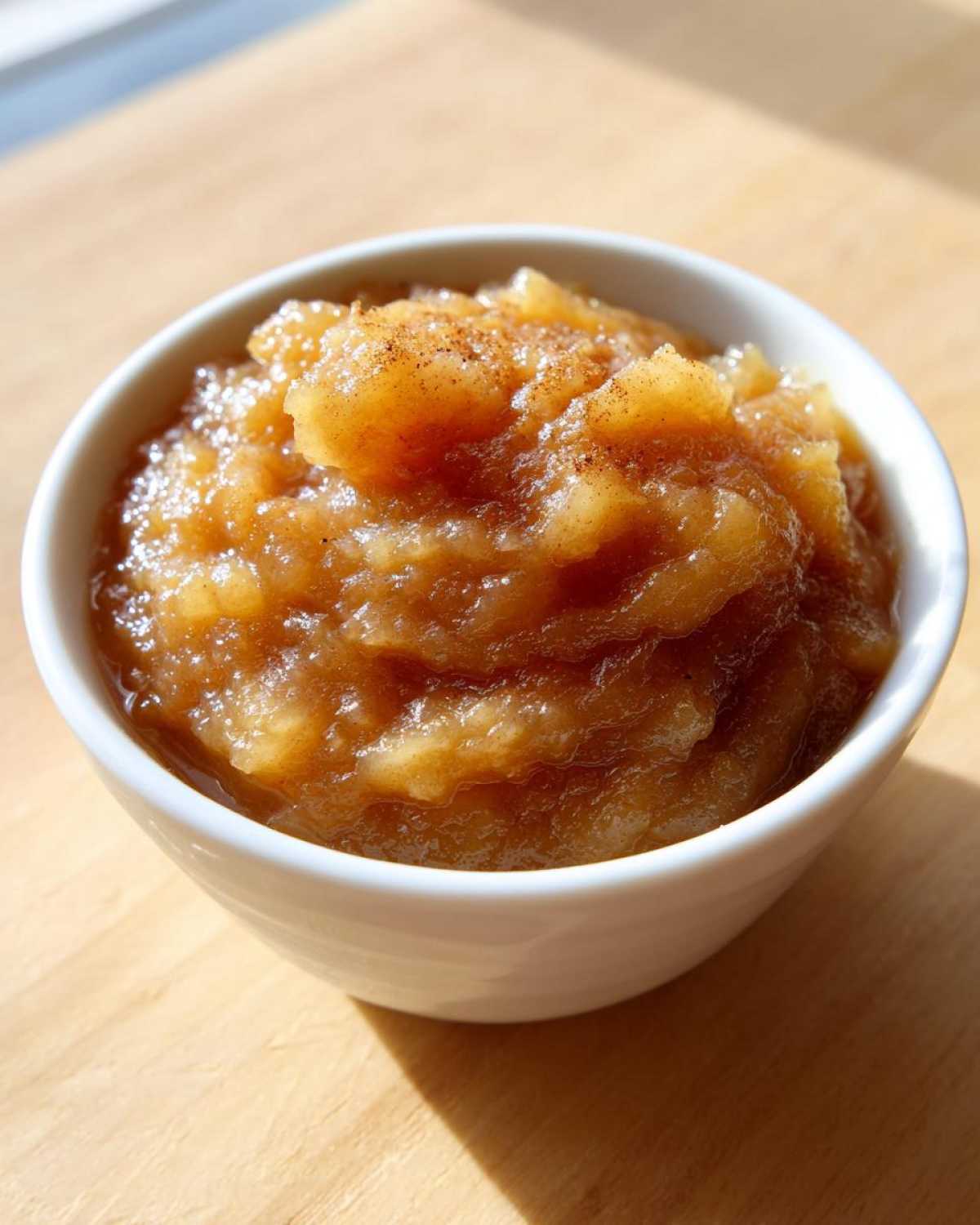 A close-up of chunky, golden brown homemade applesauce sprinkled with cinnamon in a white bowl.