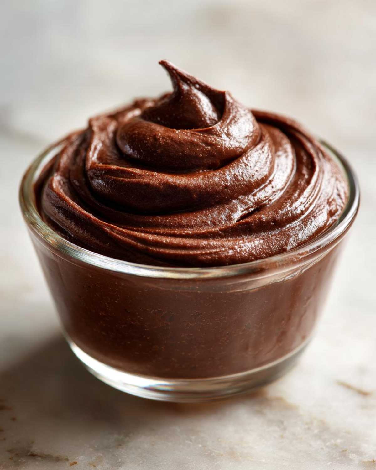 A close-up of rich, dark homemade chocolate pudding swirled high in a small clear glass dish.