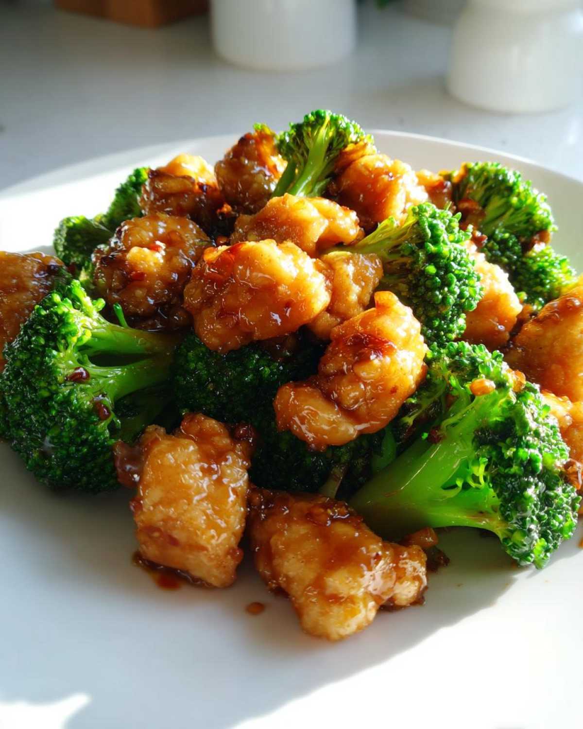 A close-up shot of glossy, sauced chicken pieces mixed with bright green broccoli florets, representing amazing chicken and broccoli.