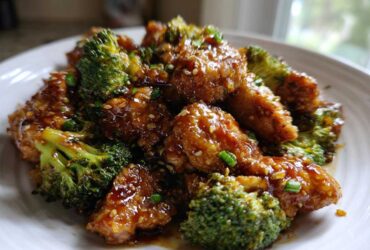 Close-up of crispy chicken pieces coated in glossy honey garlic sauce mixed with bright green broccoli florets.