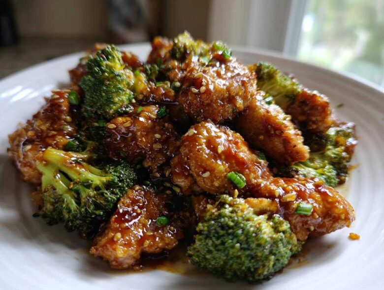 Close-up of crispy chicken pieces coated in glossy honey garlic sauce mixed with bright green broccoli florets.
