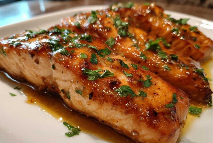 Close-up of two glazed honey garlic salmon fillets resting in sauce and topped with fresh parsley.