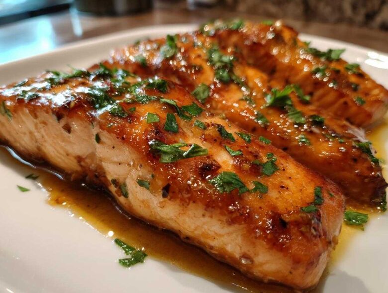 Close-up of two glazed honey garlic salmon fillets resting in sauce and topped with fresh parsley.