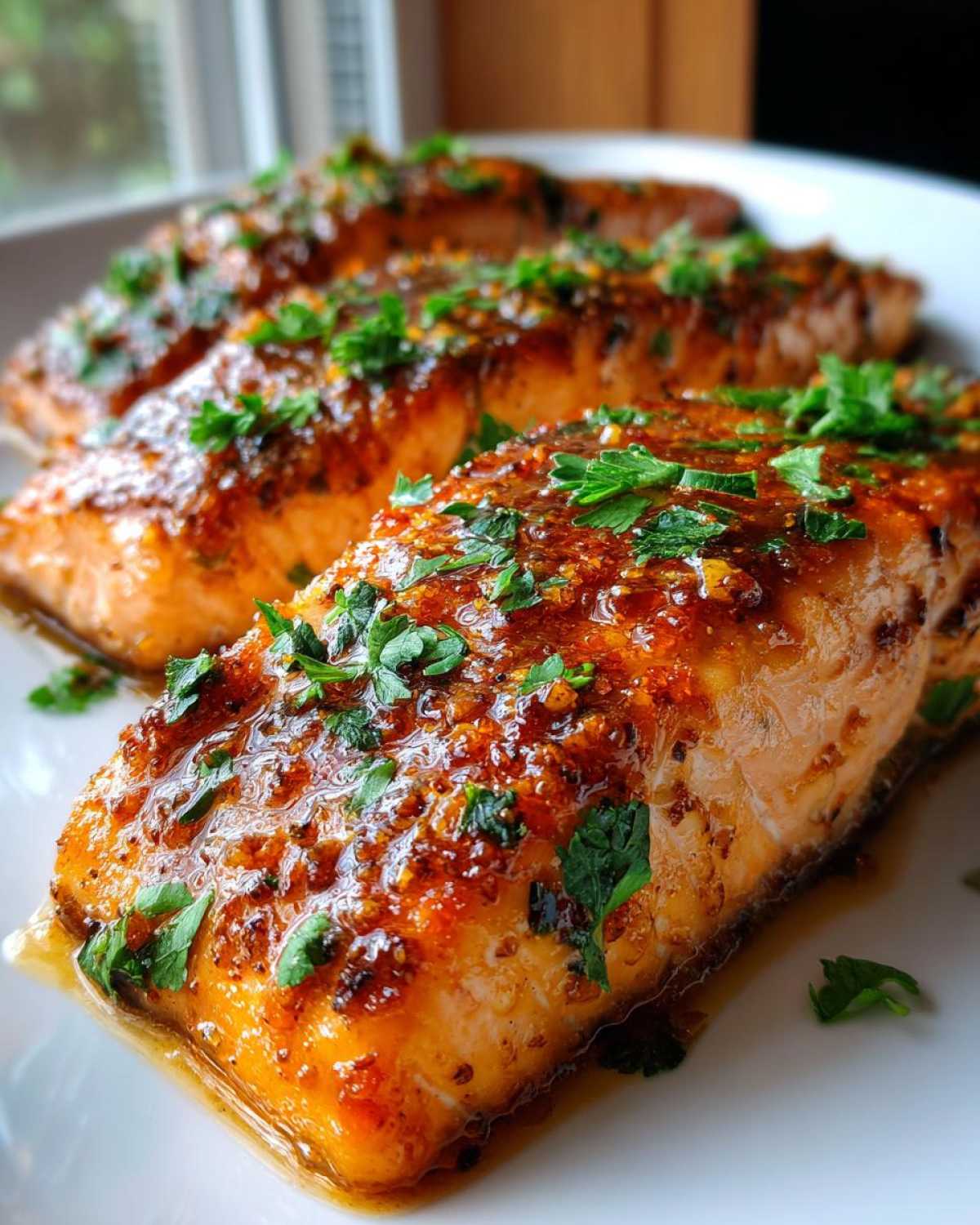 Close-up of three glazed honey garlic salmon fillets topped with fresh parsley on a white plate.