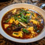 A close-up of a rich, dark bowl of hot and sour soup recipe, garnished with green onions.