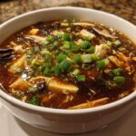 Close-up of a white bowl filled with rich, dark hot and sour soup recipe, featuring tofu, mushrooms, and topped with fresh green onions.