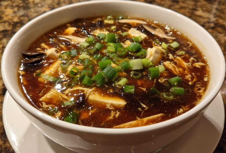 Close-up of a white bowl filled with rich, dark hot and sour soup recipe, featuring tofu, mushrooms, and topped with fresh green onions.