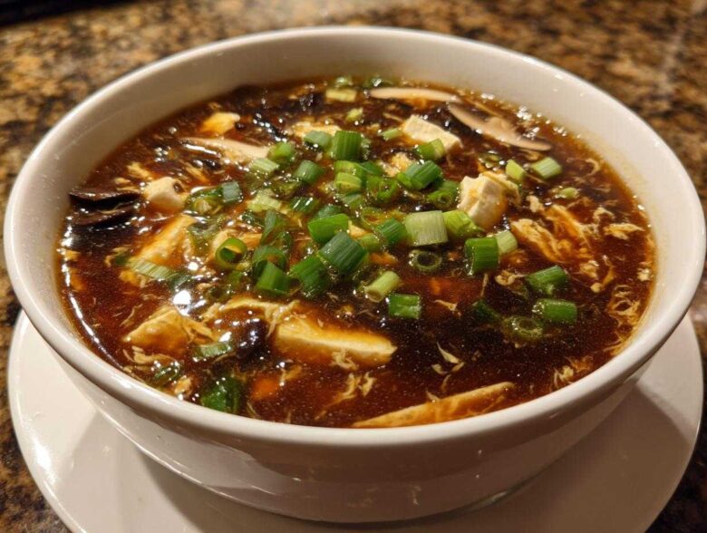 Close-up of a white bowl filled with rich, dark hot and sour soup recipe, featuring tofu, mushrooms, and topped with fresh green onions.