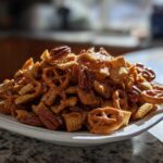 A mound of glossy, caramel-coated toffee chex mix recipe featuring Chex cereal, pretzels, and pecans on a white plate.