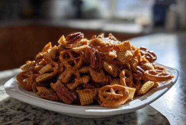 A mound of glossy, caramel-coated toffee chex mix recipe featuring Chex cereal, pretzels, and pecans on a white plate.