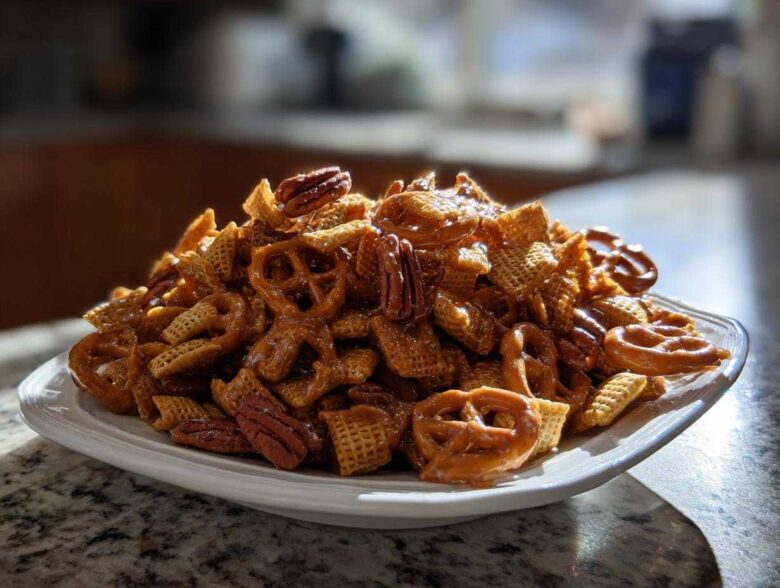 A mound of glossy, caramel-coated toffee chex mix recipe featuring Chex cereal, pretzels, and pecans on a white plate.