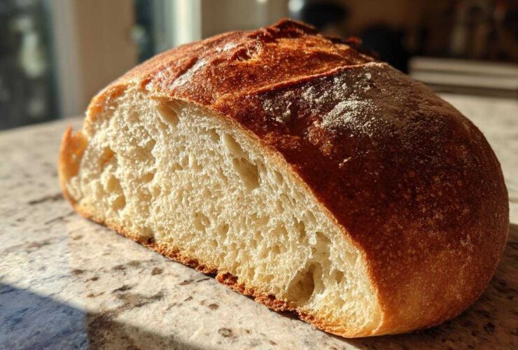 A freshly baked loaf of Italian bread, sliced in half to show the airy interior and golden crust.