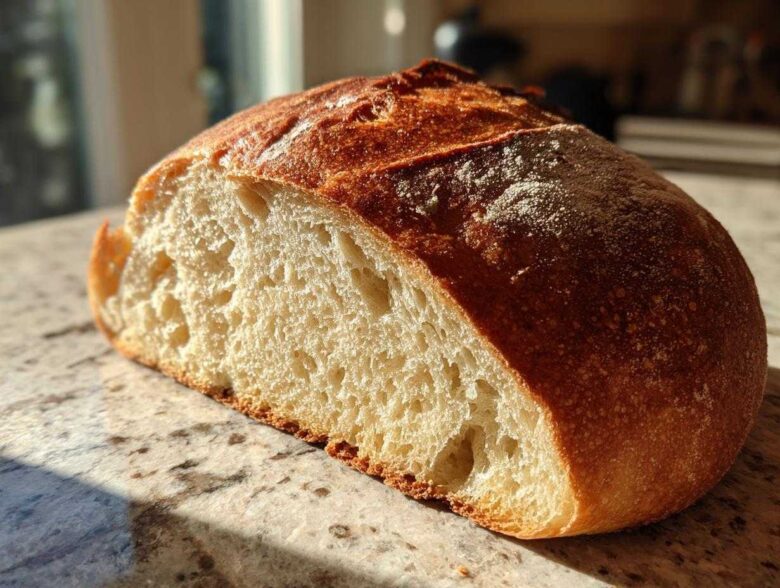 A freshly baked loaf of Italian bread, sliced in half to show the airy interior and golden crust.