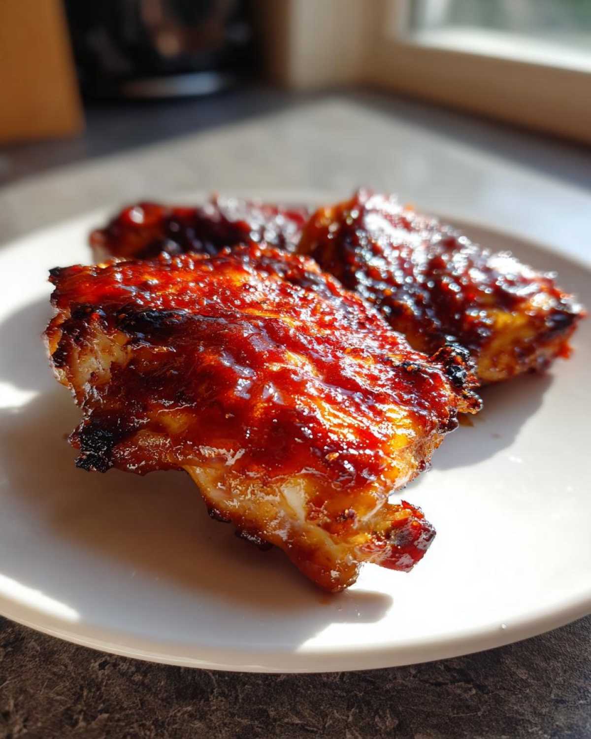 Three pieces of juicy bbq chicken coated in a thick, glossy, dark red sauce, resting on a white plate.