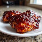 Close-up of three pieces of juicy bbq chicken coated in a thick, dark, glossy sauce resting on a white plate.