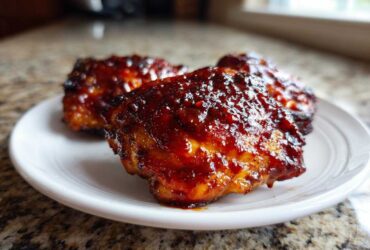 Close-up of three pieces of juicy bbq chicken coated in a thick, dark, glossy sauce resting on a white plate.