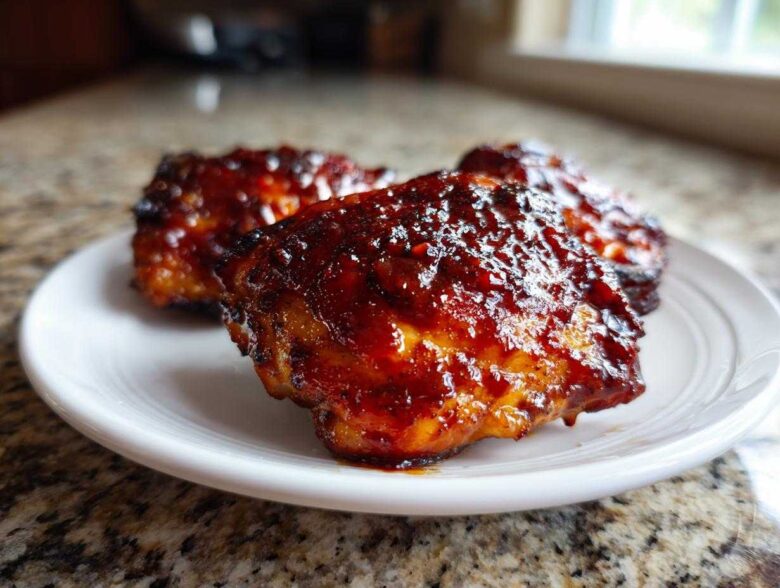 Close-up of three pieces of juicy bbq chicken coated in a thick, dark, glossy sauce resting on a white plate.
