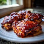 Close-up of four pieces of incredibly juicy bbq chicken coated in a thick, dark, glossy sauce, served on a white plate.