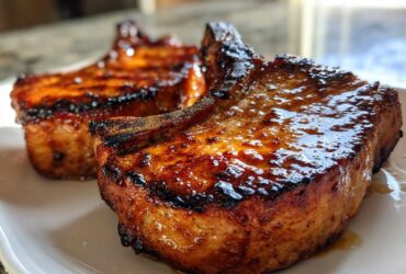 Close-up of two thick, bone-in pork chops glistening with a dark glaze, prepared using the amazing marinade for pork chops.