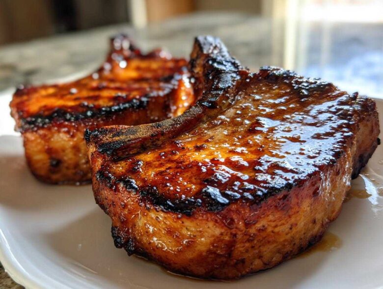 Close-up of two thick, bone-in pork chops glistening with a dark glaze, prepared using the amazing marinade for pork chops.