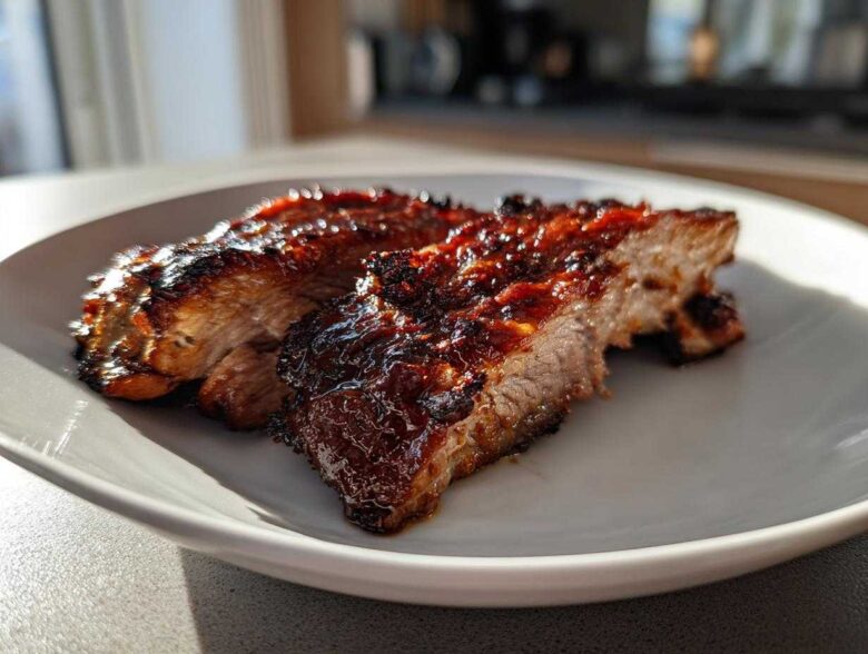 Two thick slices of a perfectly cooked, juicy pork steak recipe with a dark, caramelized glaze served on a white plate.
