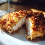 Close-up of juicy parmesan crusted chicken, cut open to show the white interior.