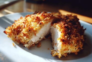 Close-up of juicy parmesan crusted chicken, cut open to show the white interior.