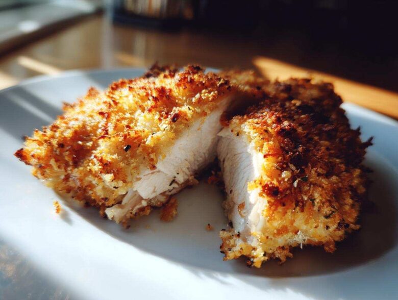 Close-up of juicy parmesan crusted chicken, cut open to show the white interior.