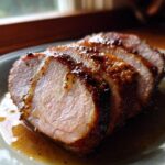 Close-up of thick slices of juicy pork loin roast with a caramelized glaze resting in pan juices.