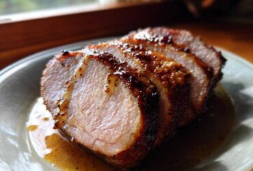 Close-up of thick slices of juicy pork loin roast with a caramelized glaze resting in pan juices.