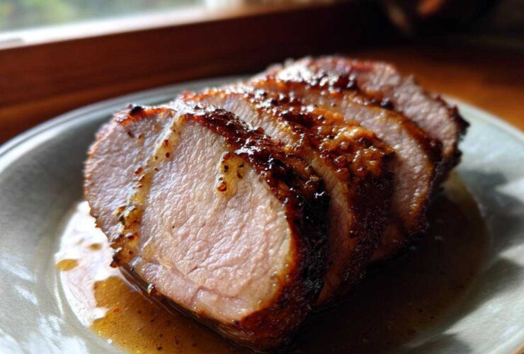 Close-up of thick slices of juicy pork loin roast with a caramelized glaze resting in pan juices.