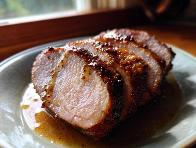 Close-up of thick slices of juicy pork loin roast with a caramelized glaze resting in pan juices.