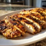 Close-up of perfectly cooked and sliced greek chicken breast showing juicy interior and herb crust.