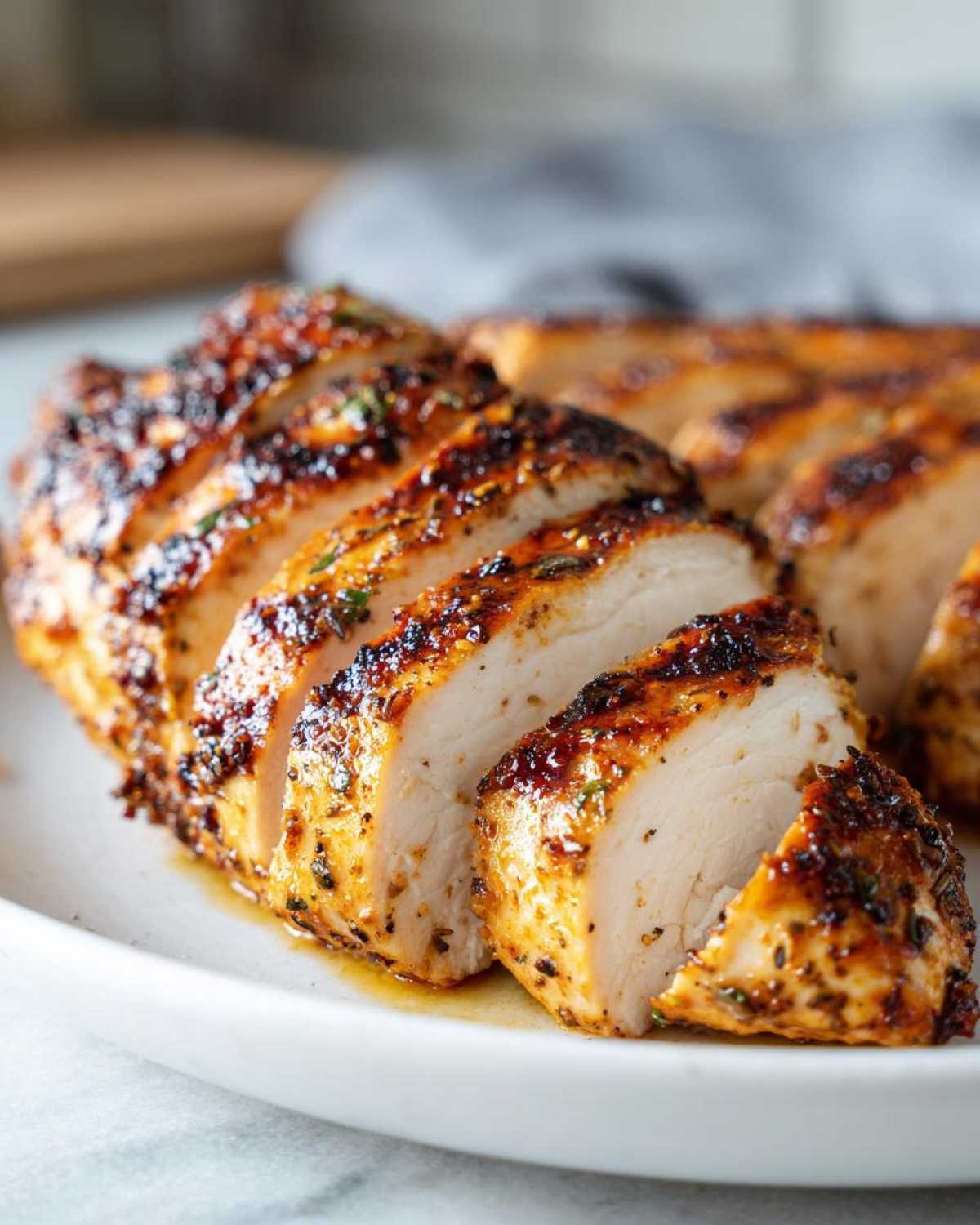 Close-up of perfectly cooked, sliced greek chicken breast showing a juicy interior and a dark, seasoned crust.