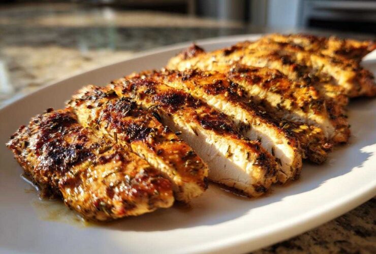Close-up of perfectly cooked and sliced greek chicken breast showing juicy interior and herb crust.