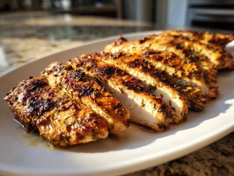 Close-up of perfectly cooked and sliced greek chicken breast showing juicy interior and herb crust.
