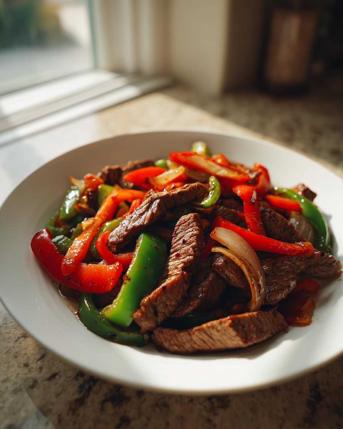 Close-up of sizzling steak fajitas featuring strips of seasoned beef, red and green bell peppers, and onions on a white plate.