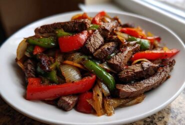Close-up of seasoned steak fajitas mixed with colorful sautéed red and green bell peppers and onions on a white plate.