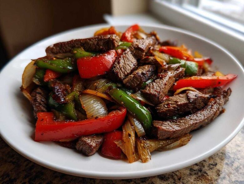 Close-up of seasoned steak fajitas mixed with colorful sautéed red and green bell peppers and onions on a white plate.