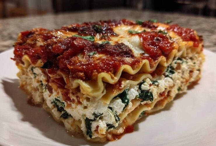 Close-up of a thick slice of lasagna with cottage cheese, spinach, and rich tomato sauce.