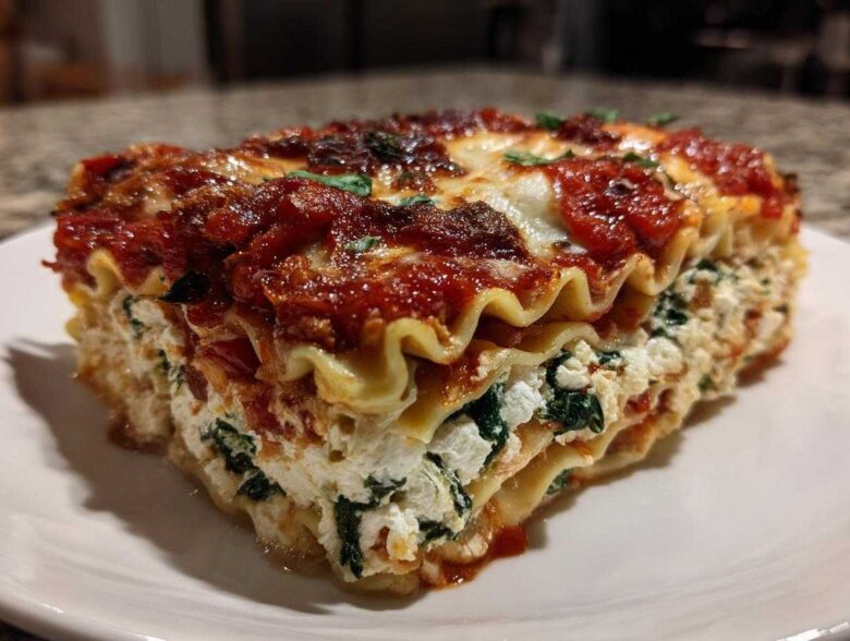 Close-up of a thick slice of lasagna with cottage cheese, spinach, and rich tomato sauce.
