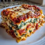 A thick, layered slice of Lasagna with Cottage Cheese, spinach, and rich tomato sauce, topped with melted cheese.