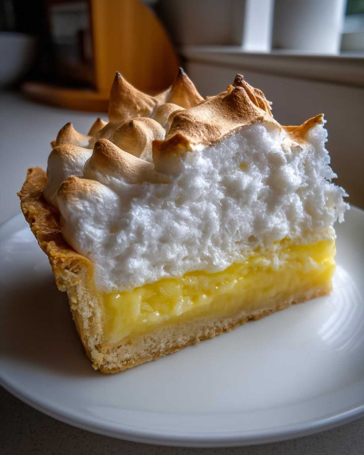 A cross-section slice of lemon meringue pie showing a thick, bright yellow lemon filling and tall, toasted meringue peaks.