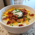 A close-up of a bowl of creamy Loaded Baked Potato Soup topped with cheddar cheese, bacon bits, sour cream, and chives.