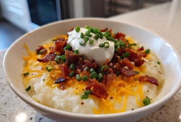 A hearty bowl of Loaded Baked Potato Soup topped with sour cream, shredded cheddar cheese, bacon bits, and chives.