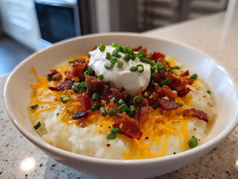 A hearty bowl of Loaded Baked Potato Soup topped with sour cream, shredded cheddar cheese, bacon bits, and chives.