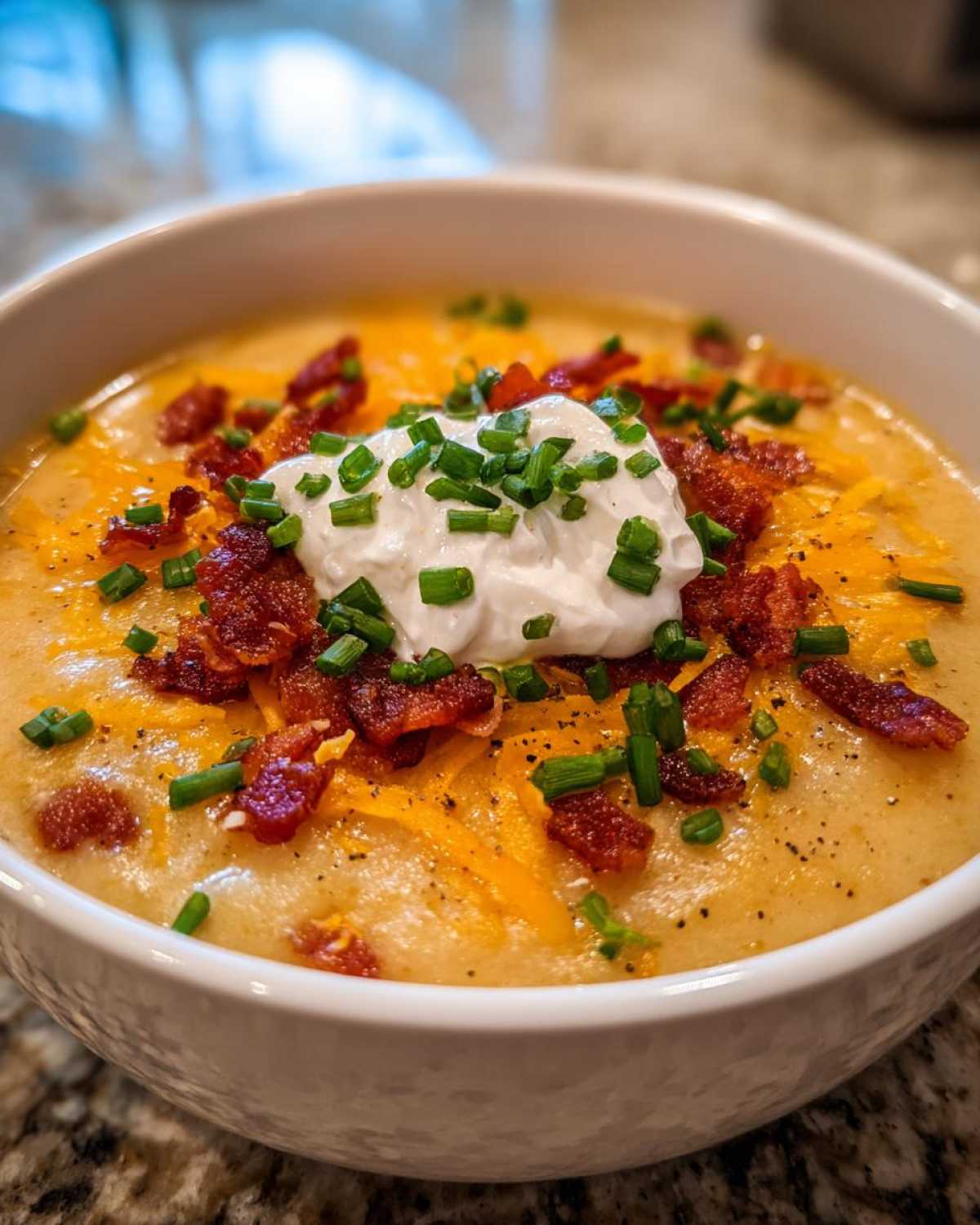 A close-up of a bowl of rich Loaded Baked Potato Soup topped with sour cream, bacon, cheese, and chives.