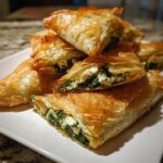 A stack of golden brown Mediterranean Spinach and Feta Cheese Crisps, showing the flaky phyllo dough and cheesy filling.