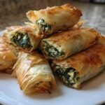 A stack of golden brown, crispy Mediterranean Spinach and Feta Cheese Crisps on a white plate.