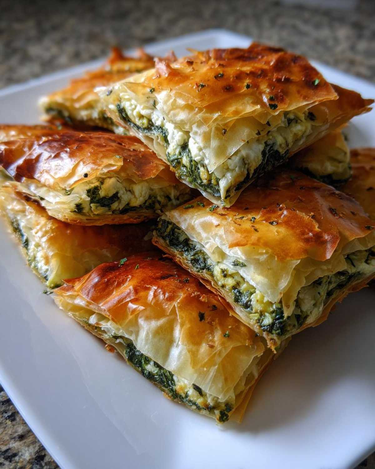 A stack of golden, flaky Mediterranean Spinach and Feta Cheese Crisps on a white plate.